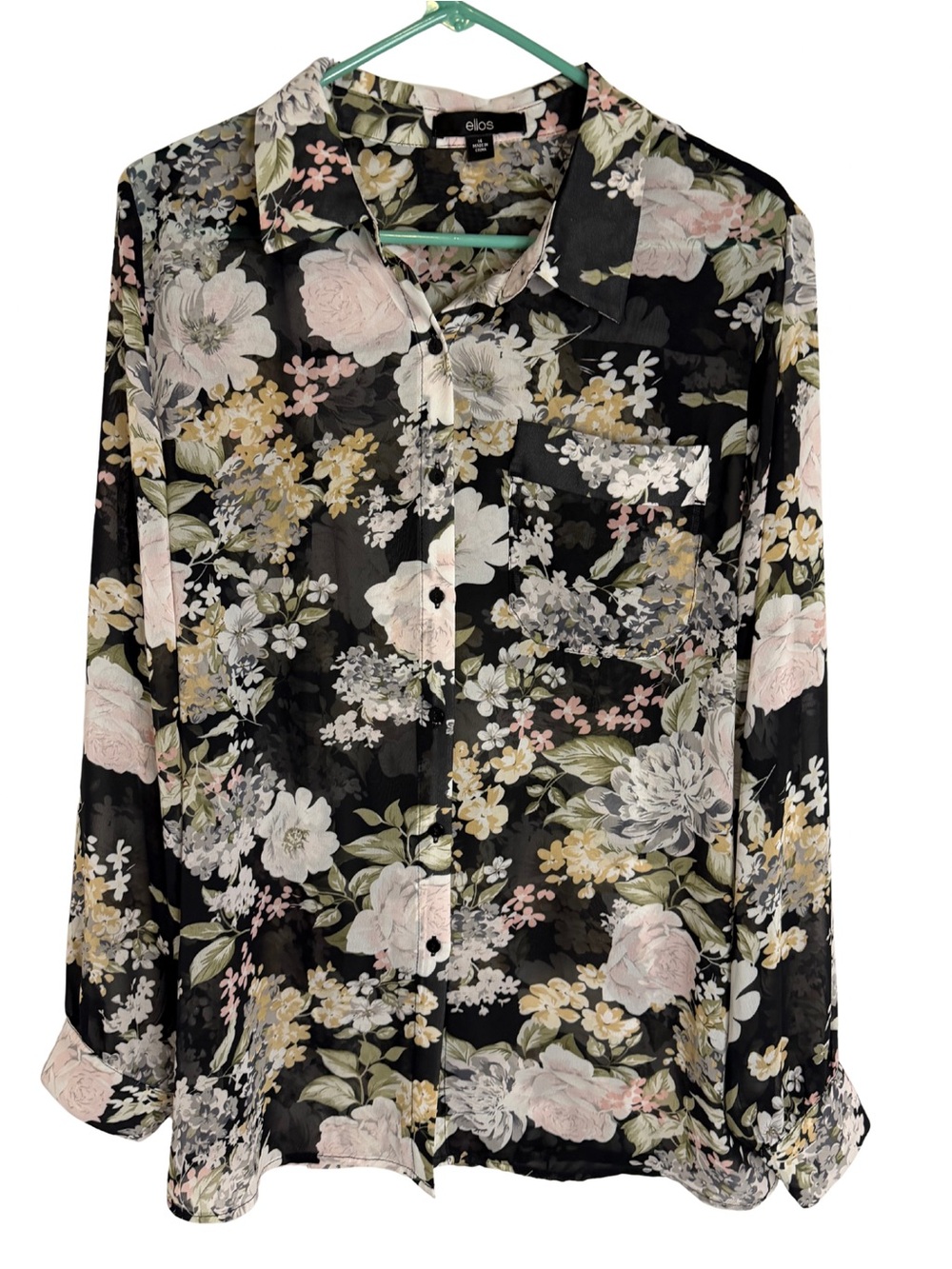 3/$20 Ellos Black Floral Sheer Long Sleeve Button Down Shirt